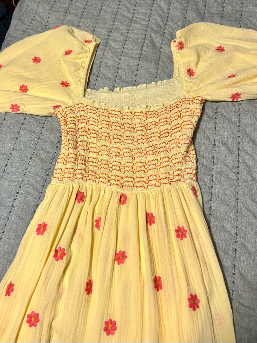 Yellow Smocked Maxi Dress with pinkish-red  Floral Embroidery - Picture 7 of 14